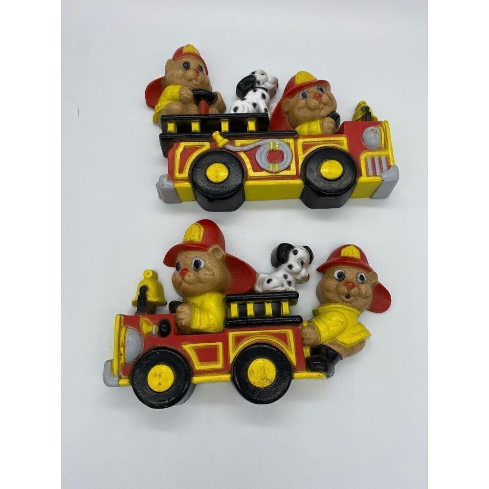 Firefighters Chipmunk and Dalmation on Firetruck, vintage wall decoratio…